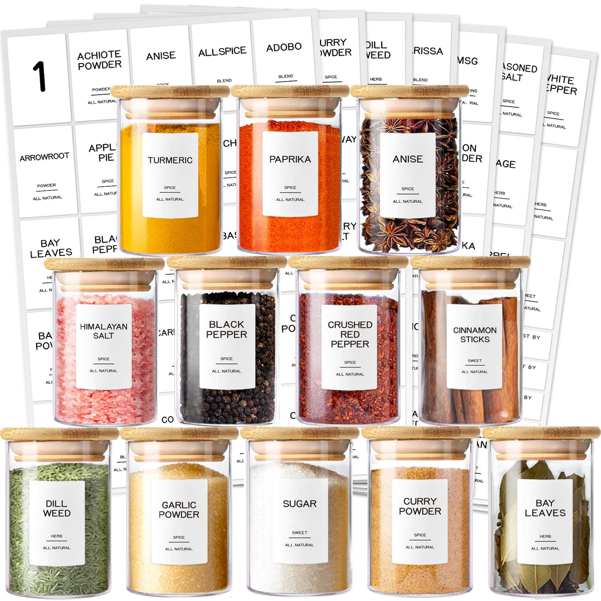 12 Pcs Glass Spice Jars with Bamboo Airtight Lids & 201 Labels - 8oz Small Empty Food Storage Containers for Kitchen, Seasonings, Herbs, Salt