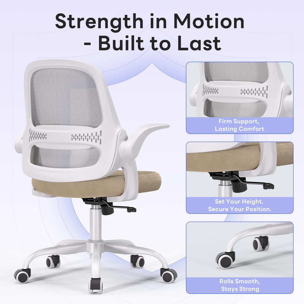 Amseatec Ergonomic Mesh Desk Chair with Flip-up Arms, Supports 300 Lbs, 27.2 inches (W) x 23 inches (D) x 39.2 inches (H), Beige