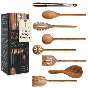 SANJH Teak Wooden Utensil Set for Cooking - 8 Piece Teak Wooden Spoons Set