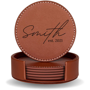 Set of 6 Engraved Leather Coasters with Holder Handmade in The USA - Custom Wedding Gifts, Housewarming Gift