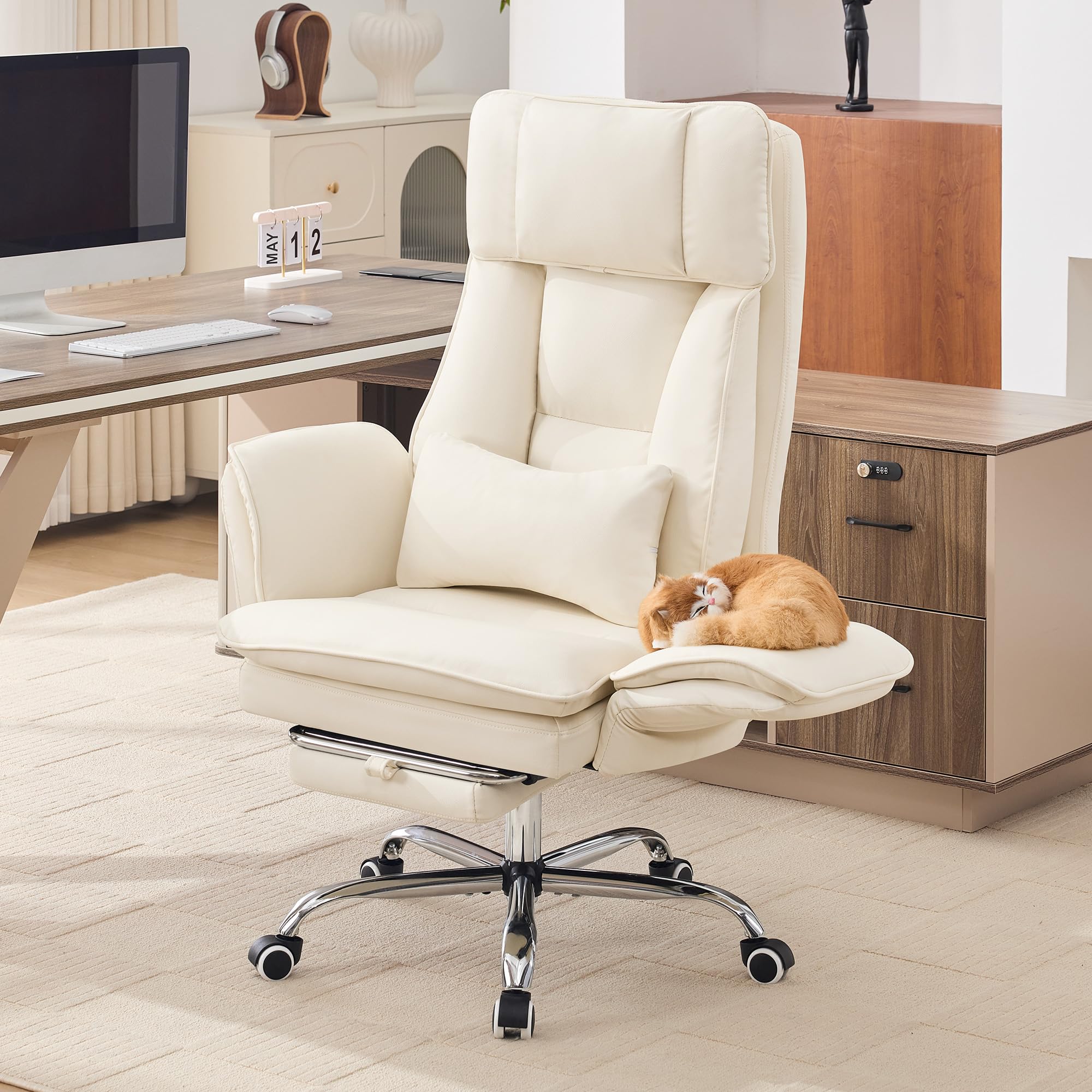 Big and Tall Office Chair, Footrest & Flip Armrest for Pets, Pu Beige, PU Leather