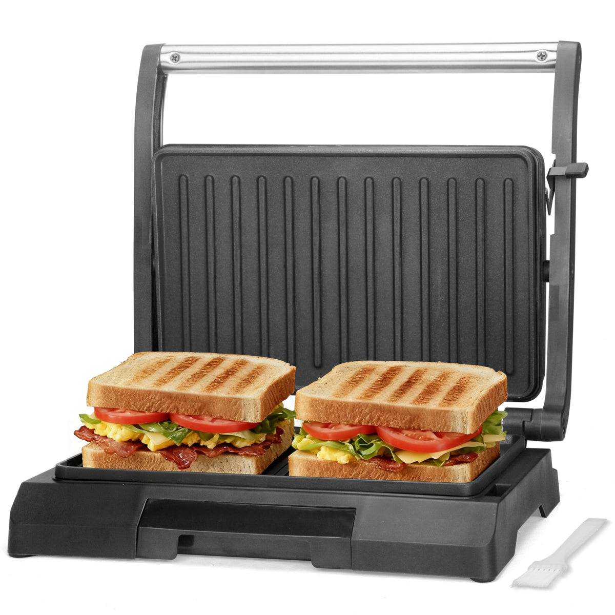 Baker's Friend 2 Slices of Mini Panini Press Electric Grill, Panini Grill Press Sandwich Maker Press, Sandwichera Electrical for Pancakes & Eggs, Oil Tray, Non Stick Surfaces, Stainless Steel