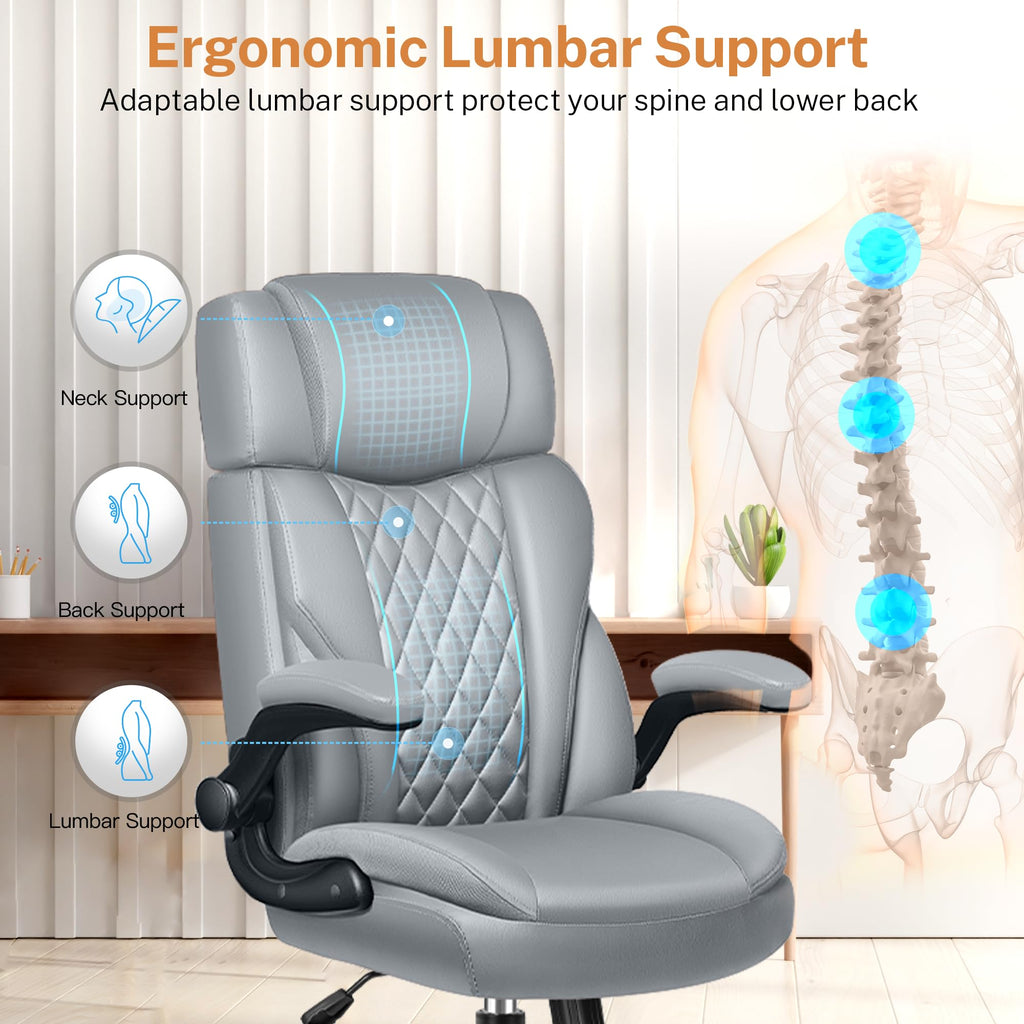Office Chair Flip Up Arms, Executive Leather Office Chair Ergonomic Desk Chair with Lumbar Support, Adjustable Headrest, Computer Chair Home