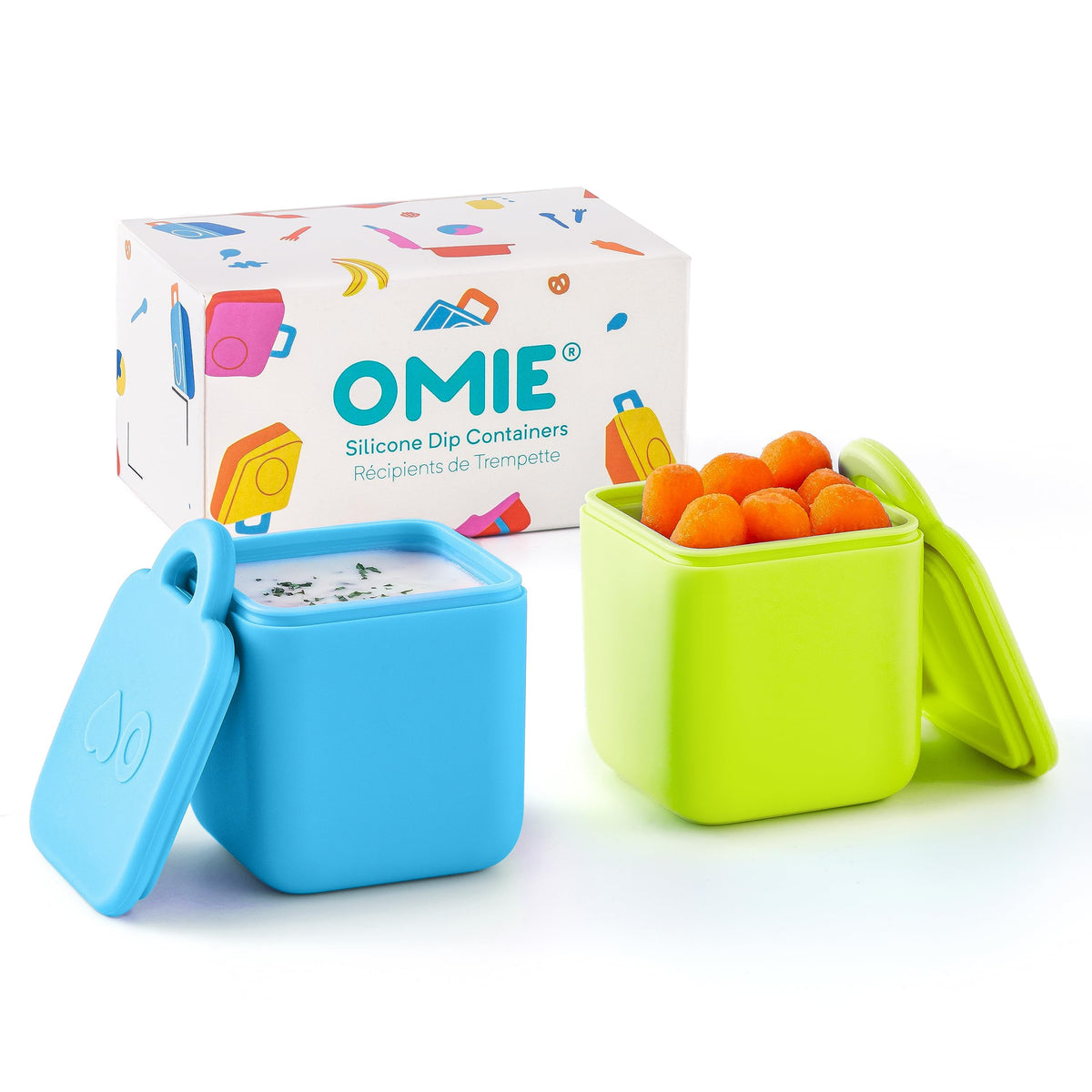 OmieBox (2 pack) Leakproof Dips Containers To Go, Salad Dressing Container, Condiment Container with Lids - Food Safe Silicone - 4 ounces (Blue/Lime)