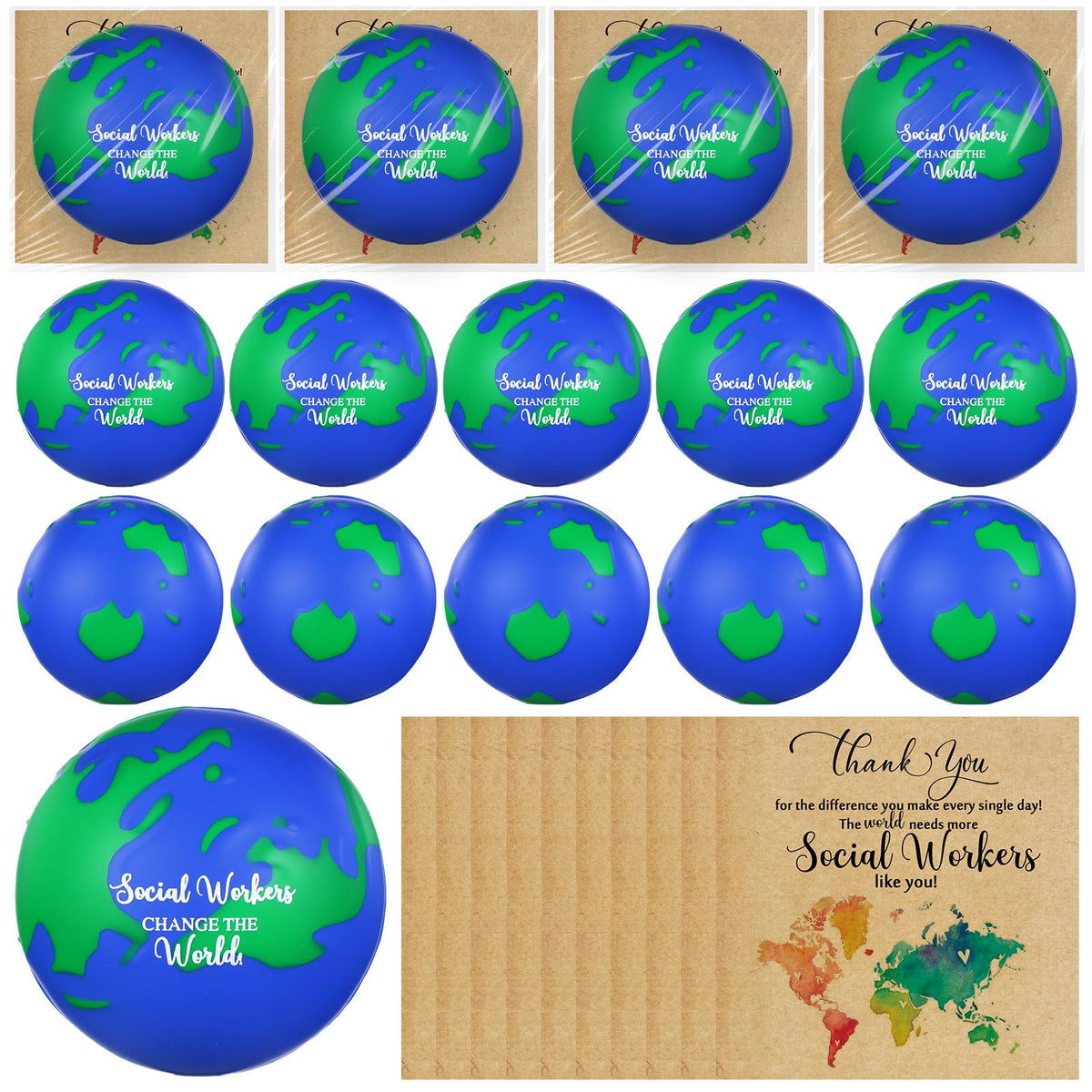 Jenaai 12 Sets Social Worker Gift 2.5 Inch Mini Graduation Globe Earth Stress Balls Squeeze Relief Balls with Thankful Card for Office Finger Exercise Volunteers