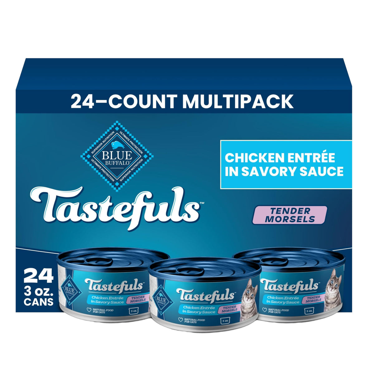 Blue Buffalo Tastefuls Tender Morsels Chicken Entrée Adult Wet Cat Food in Savory Sauce, Natural Ingredients Enhanced with Vitamins, Minerals & Other Nutrients, 3-oz. Cans (24 Count)