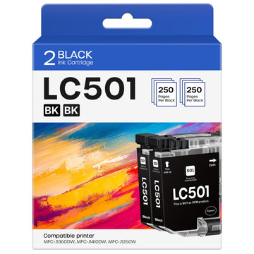 LC501 Black Ink Cartridges Compatible with Brother MFC-J1360DW 2-Pack | LC501 LC501XL Black Ink Cartridges. High Yield 250 Pages. Compatible with MFC-J1260DW J1360DW J1410DW. Stable ISO Quality