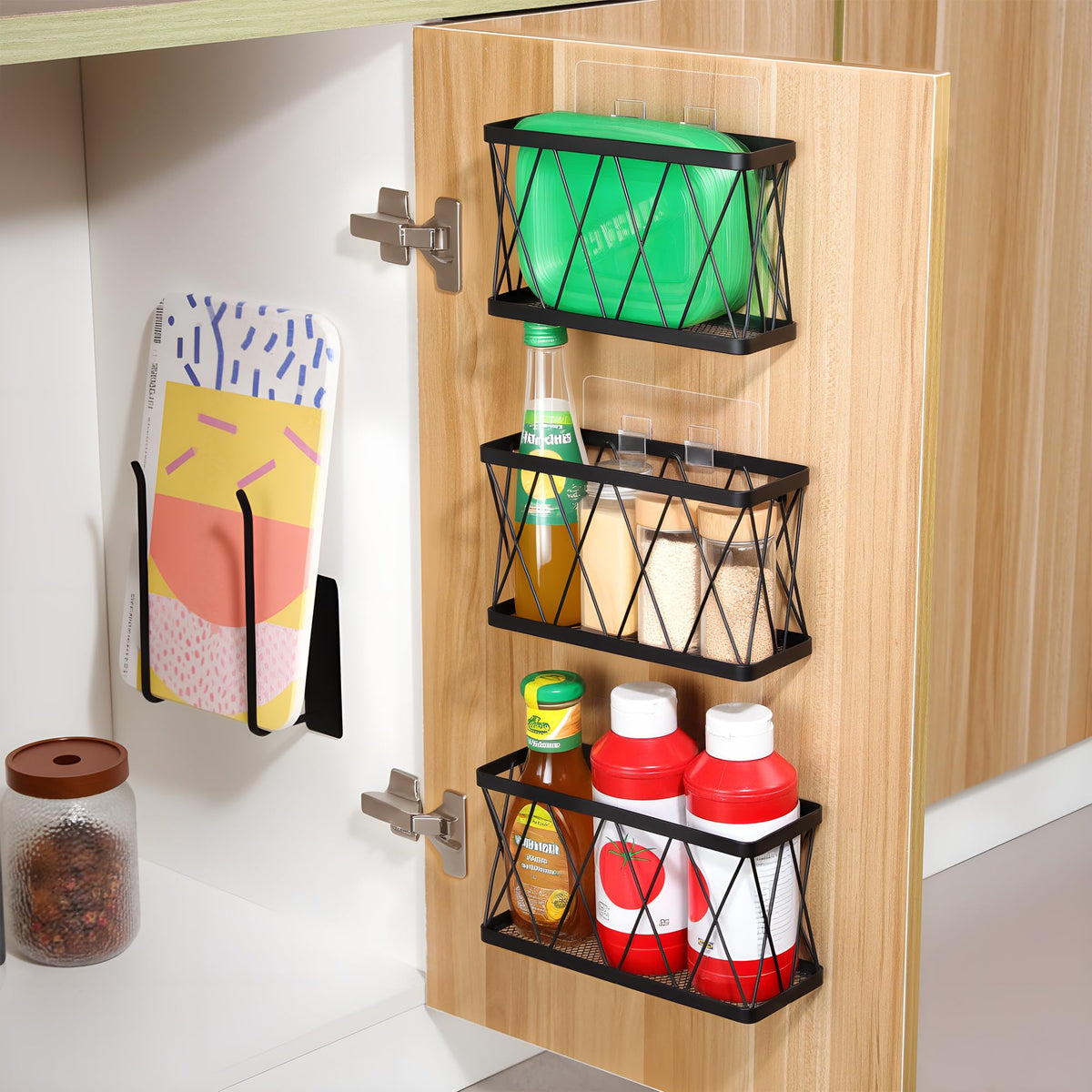Cutting Board Holder + 3 Pack Adhesive Cabinet Door Organizer, Black Lid Storage Organizer with, Space Saving Lid Holder for Tupperware Storage Inside Cabinet, Pantry, Kitchen, Bathroom