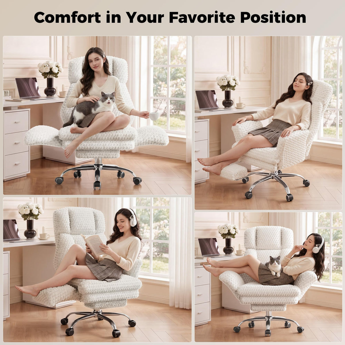 Big and Tall Office Chair, Flip Armrests for Pets & Cross Legged Sitting, White Rose Velvet