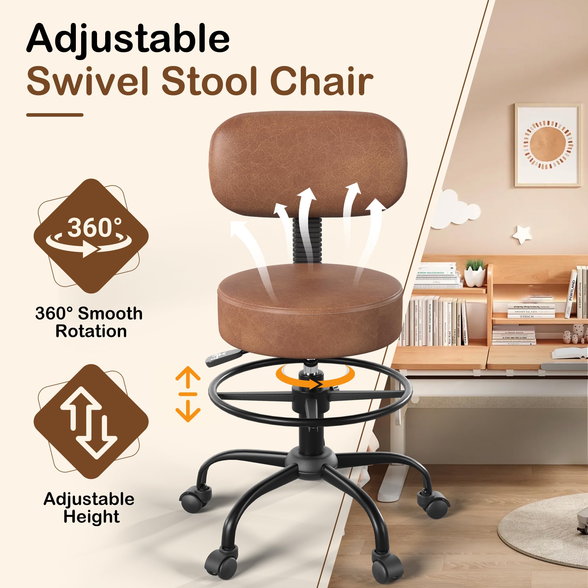 Anunweldo Drafting Chair with Back Support, Adjustable Foot Rest Rolling Stool, 360° Swivel Office Desk Chair with Wheels, Thick Seat Cushion