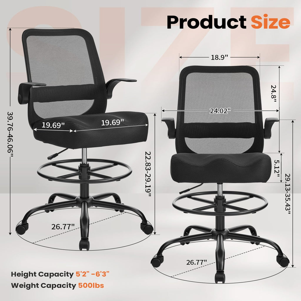 Kwksv Drafting Chair for Standing Desks, 500lbs Capacity Tall Office Chair with Adjustable Height, Foot Ring, Flip-up Armrests, Thick Curved