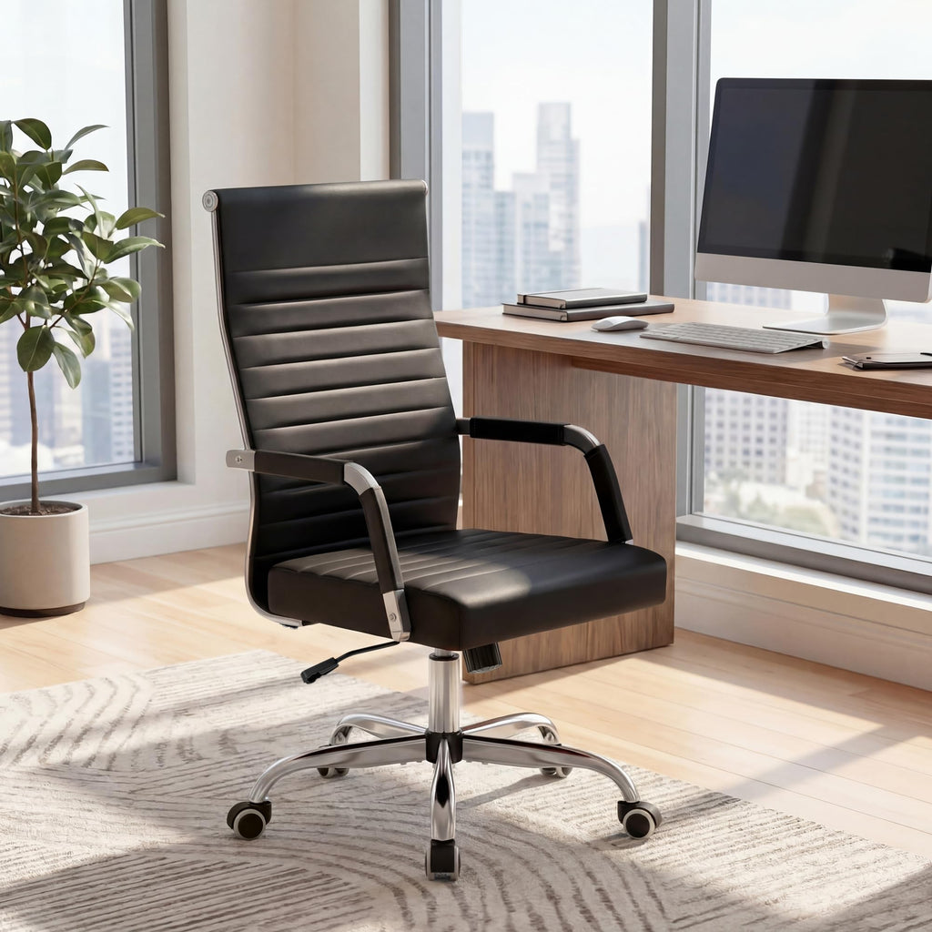 Furmax Ergonomic Office Desk Chair, Executive Ribbed Mid-back Pu Leather Conference Room Chair Adjustable Swivel Chair with Arms (1, Black)
