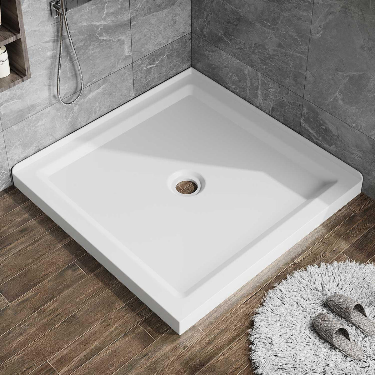 36" x 36" Shower Base with Center Drain, Double Threshold Acrylic ABS Pan, Anti-Slip Textured Surface, Easy Install, Black Bathroom Basin for Walk-in or Sliding Shower Doors,White