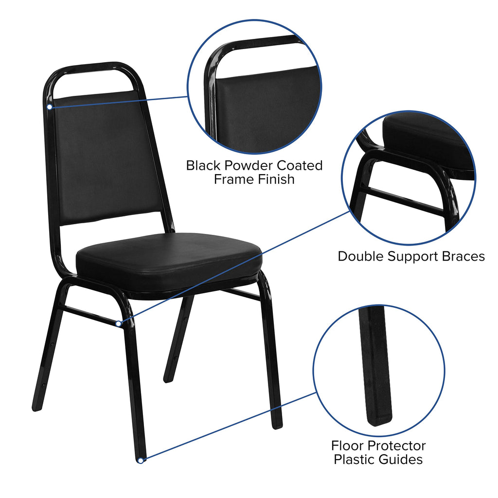 Emma + Oliver Black Vinyl Trapezoidal Back Stacking Banquet Chair, 17.5"W x 20.25"D x 36"H, Black Vinyl/black Frame