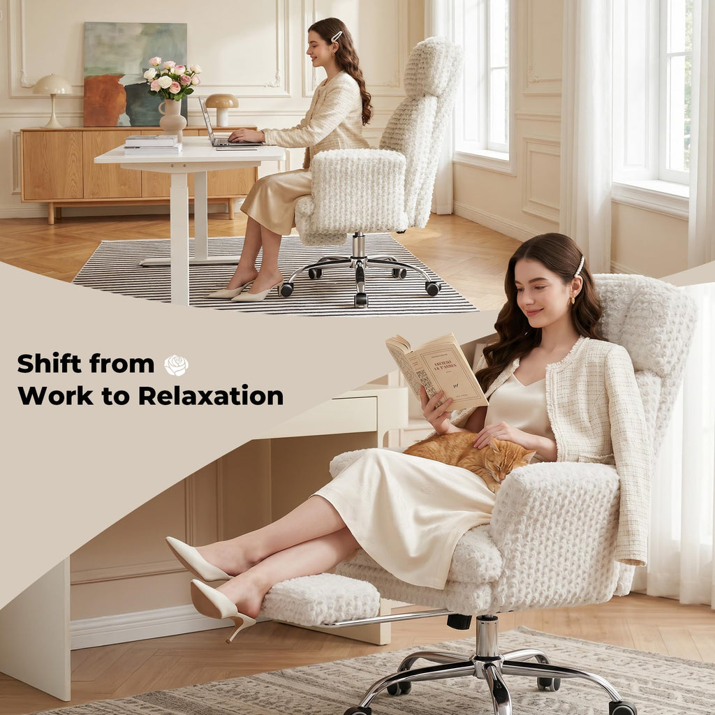 Homigropa Big and Tall Office Chair with Foot Rest & Flip Armrests, White Rose Velvet