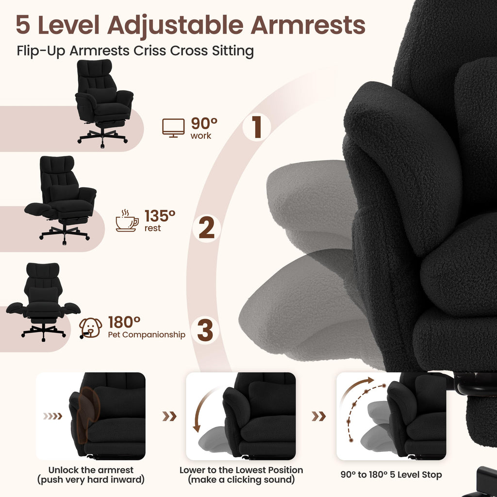 Criss Cross Chair with Footrest, Big and Tall Office Chair with Flip Arms, Teddy Black