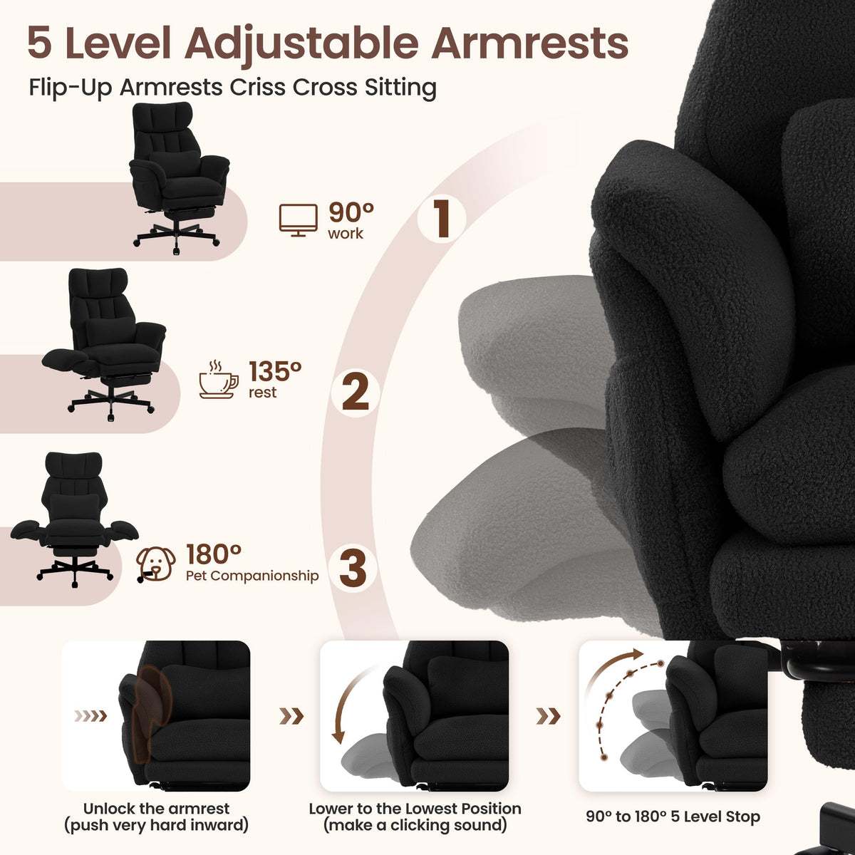 Criss Cross Chair with Footrest, Big and Tall Office Chair with Flip Arms, Teddy Black