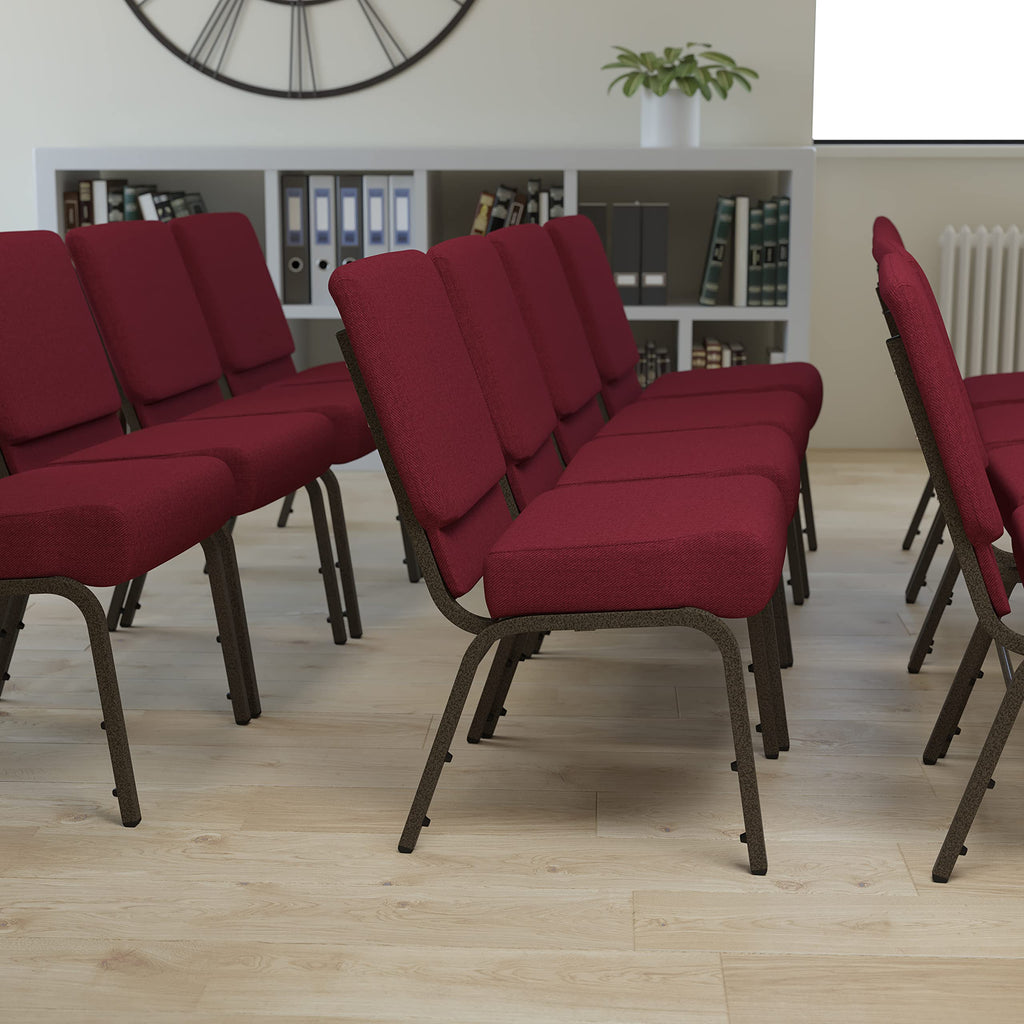 Emma + Oliver Burgundy 21" W Stacking Church Chair, 4-pack, 21.25"W x 25"D x 33"H, Burgundy Fabric/gold Vein Frame