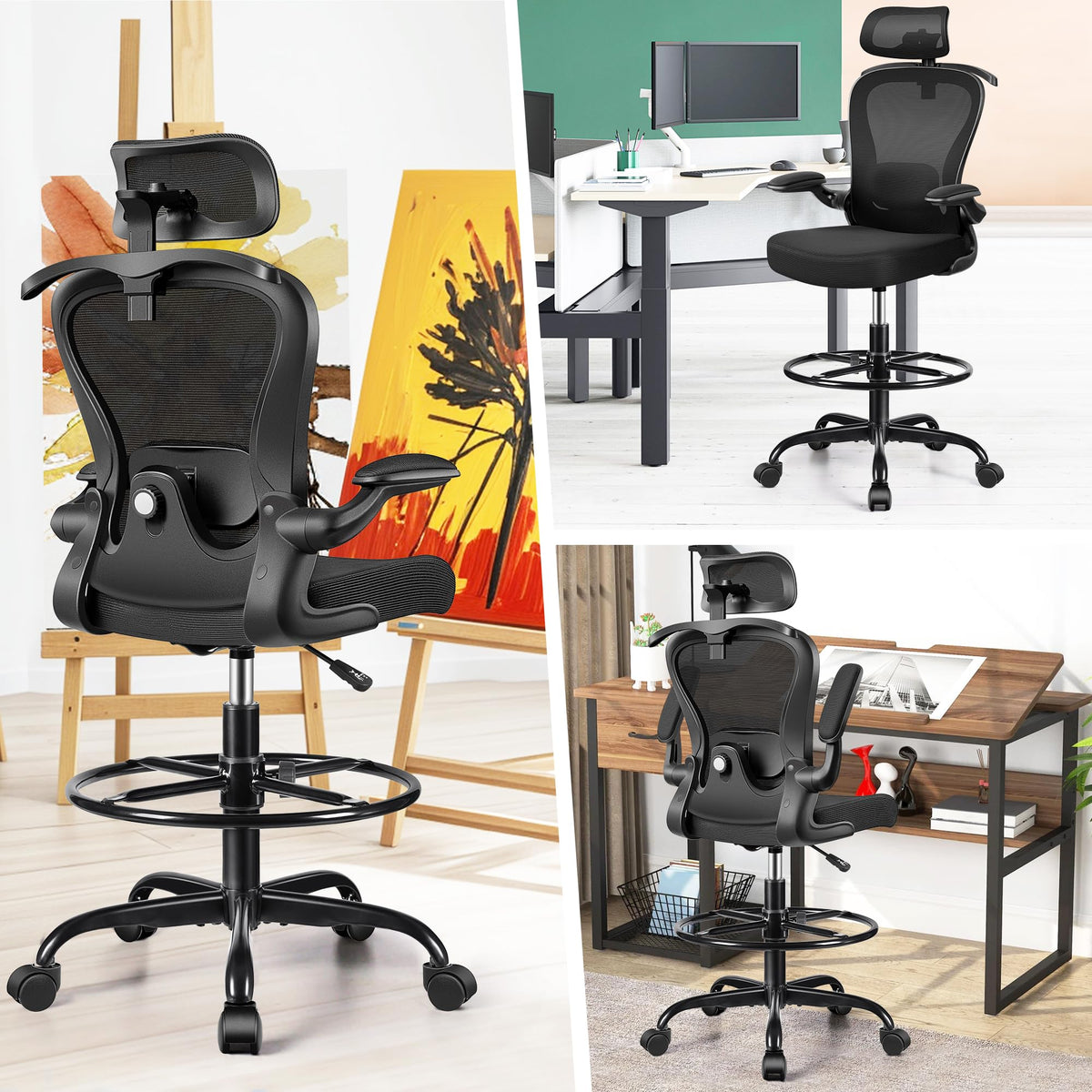 Athope Drafting Chair, Tall Office Chair with 3d Lumbar & Head Support, 18.9" x 19.7" x 50.4", Black