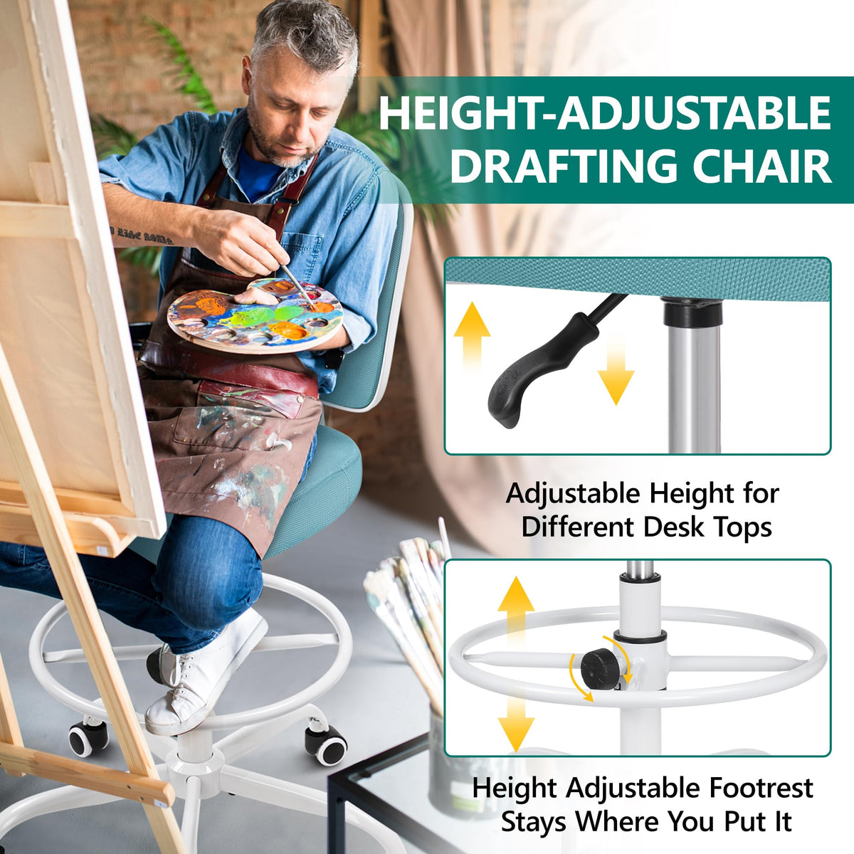 Primy Armless Tall Desk Chair, Adjustable Height and Footring, Low-back Ergonomic Standing Desk Chair Mesh Rolling Tall Chair for Art Room,