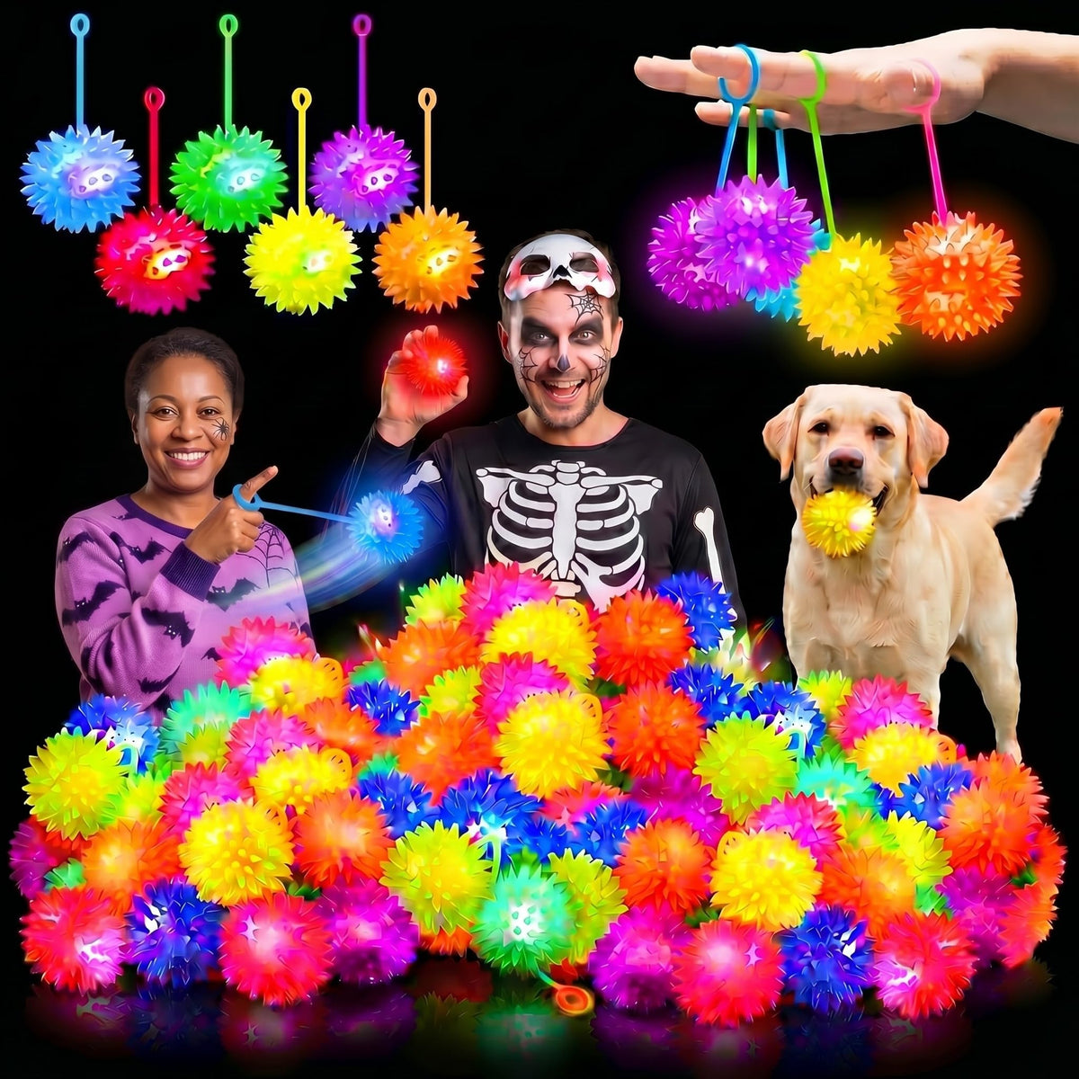 Leitee 36 Pcs LED Light Up Balls Bulk, LED Bouncy Sensory Stress Ball, Spiky Squeeze Rubber Toys with Rope Flash Squeaky for Toddlers Dog Pets Teen Adult 4th of July Party Favor, 2.6 Inch