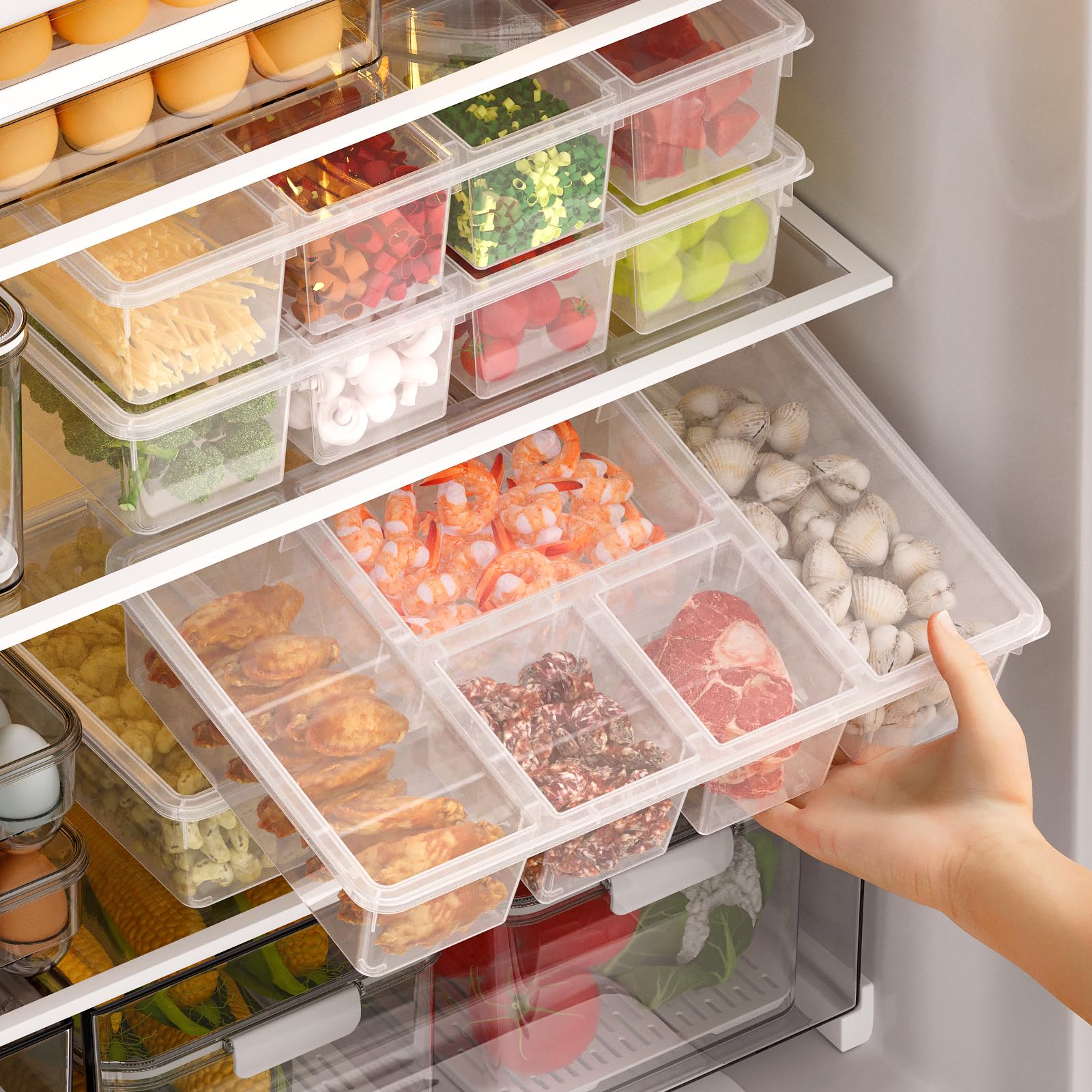 2 Pack Divided Veggie Tray with Lid, Salad Bar Containers for Fridge Organizer, 5 Compartment Snackle Box Container, Clear Plastic Food Storage & Seving for Fruit, Vegetable, Snack, Meal Prep