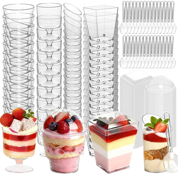 JPPSUJJ 400-Pack 5 oz Dessert Cups with Lids and Spoons, Clear Plastic Parfait & Yogurt Cups, Mini Shooter Cups for Parties, Ice Cream, Pudding, Fruit | Square Appetizer Containers