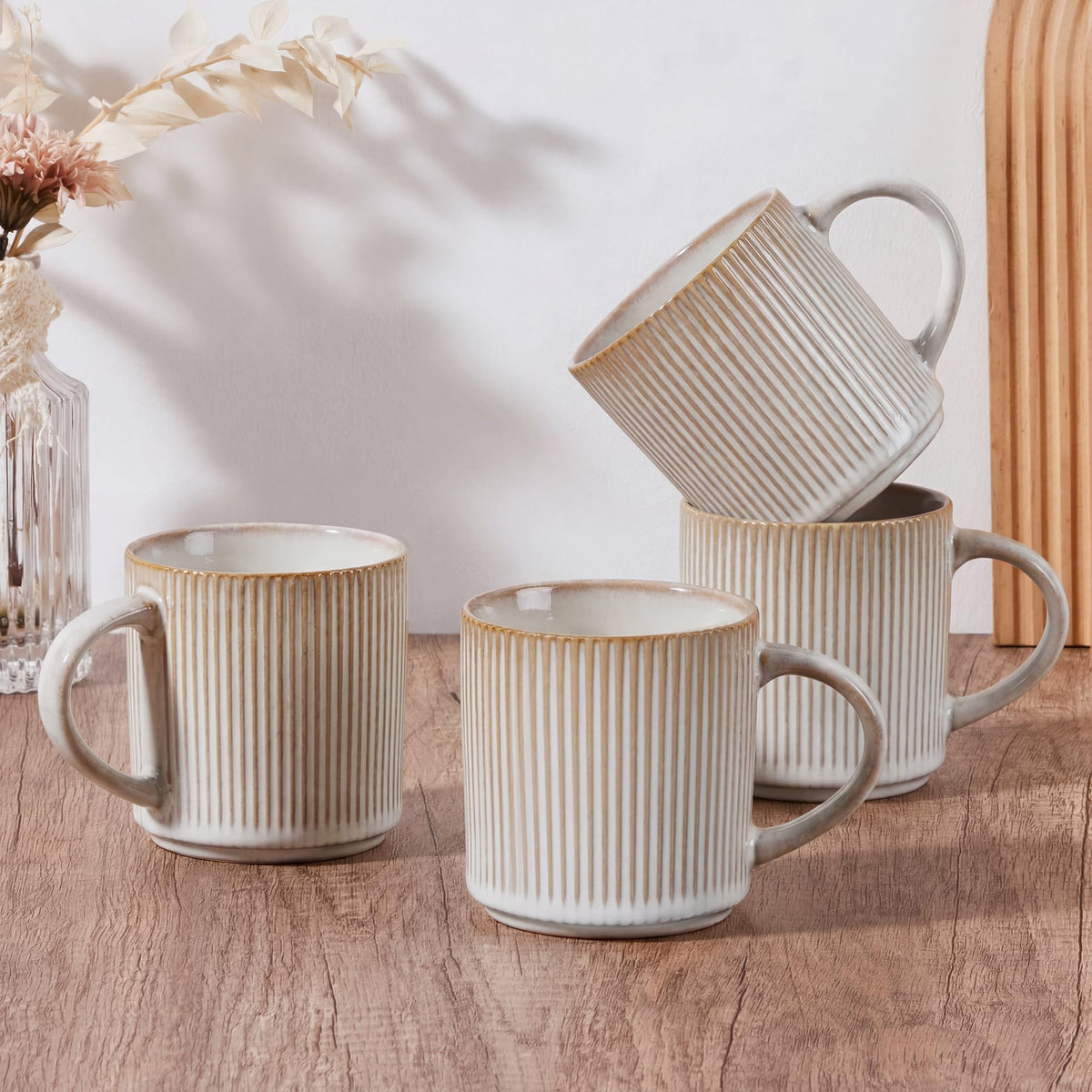 E-far Coffee Mugs Set of 4, 12 oz Stoneware Coffee Cups with Handle for Latte, Tea, Cocoa, Milk, Modern Ribbed Ceramic Mugs for Man Woman, Microwave & Dishwasher Safe, Creamy Beige