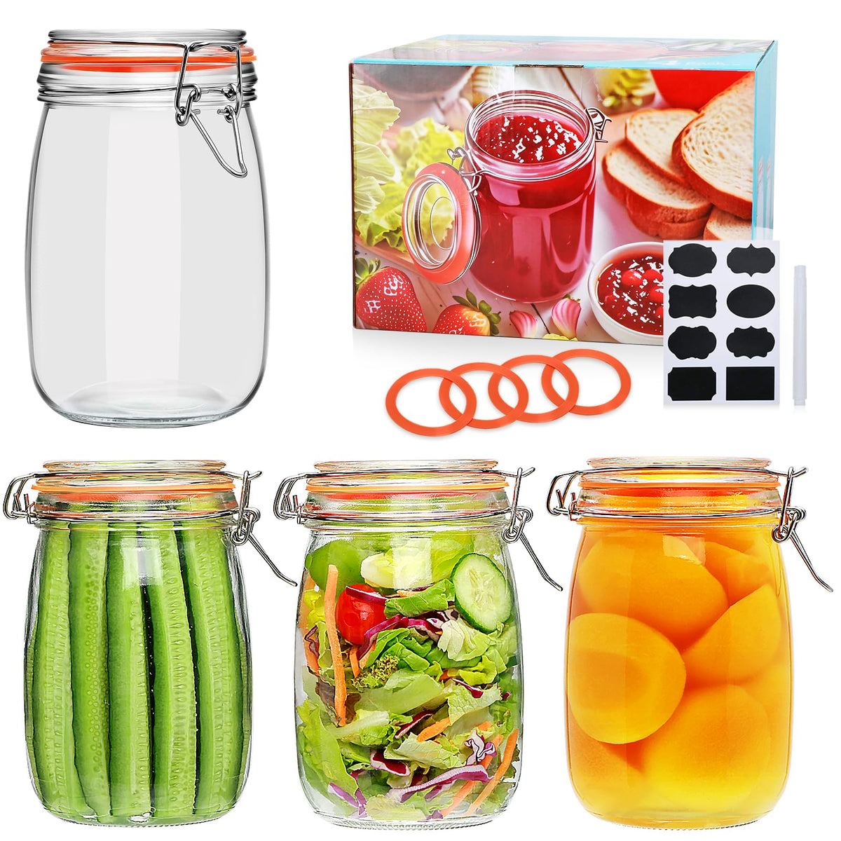 32 oz Wide Mouth Mason Jars with Airtight Hinged Lids, Large Glass Jar with Lid for Pickling, Fermentation, Canning, Food Storage – Set of 4 Glass Storage Containers
