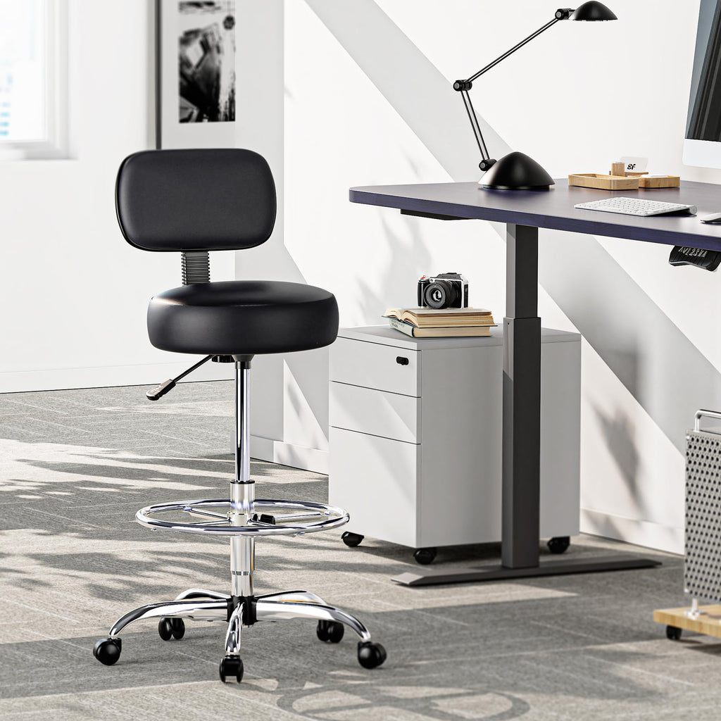 Superjare Drafting Chair with Backrest, Adjustable Foot Rest Rolling Stool, 23.6"D x 23.6"W x 35.8"H, Black