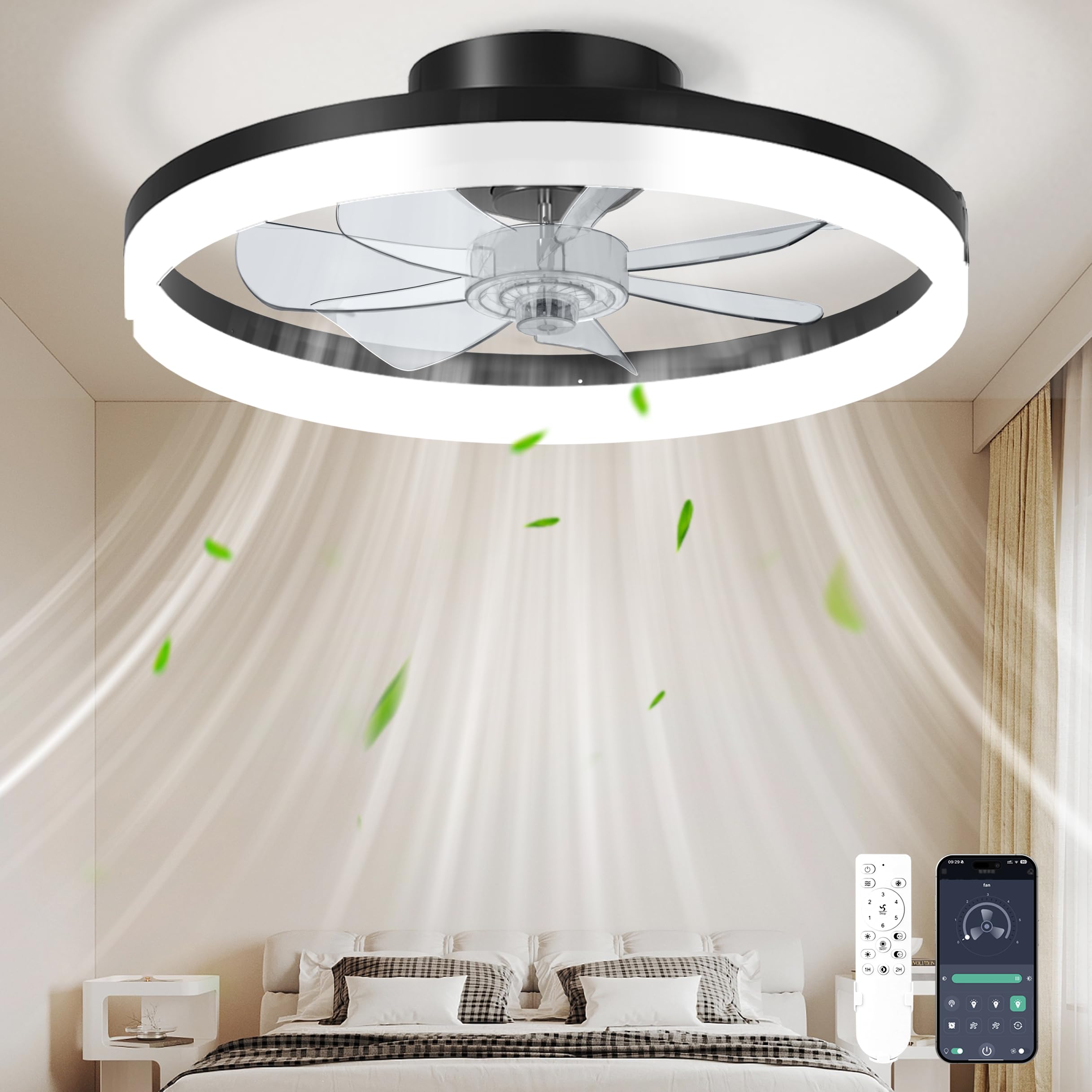 CHAREADA Ceiling Fan with Light, 20" Modern Low Profile Foldable Ceiling Fans with 6 Wind Speeds, Dimmable Smart Ceiling Fan Light with Remote for Bedroom, Kids Room and Living Room(Black)