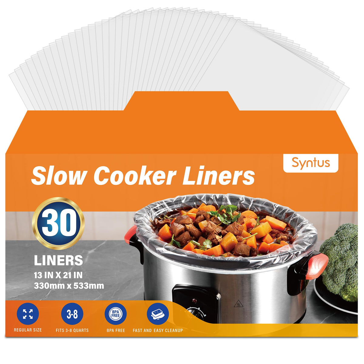 Syntus 30 Count Slow Cooker Liners, Large Size 13" x 21" Fits 3-8 Quart Pots BPA-free Disposable Cooking Bags Suitable for Oval & Round & Retangular Slow Cookers