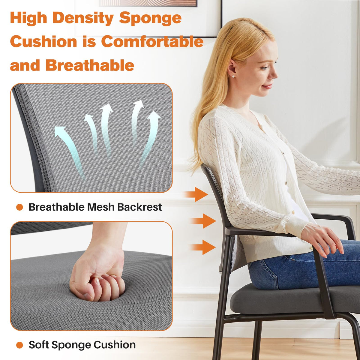 Dumos Grey Stackable Arm Chairs with Mesh Back and Upholstered Fabric, Sturdy Metal Frame, Easy to Store and Use, Perfect for Indoor and