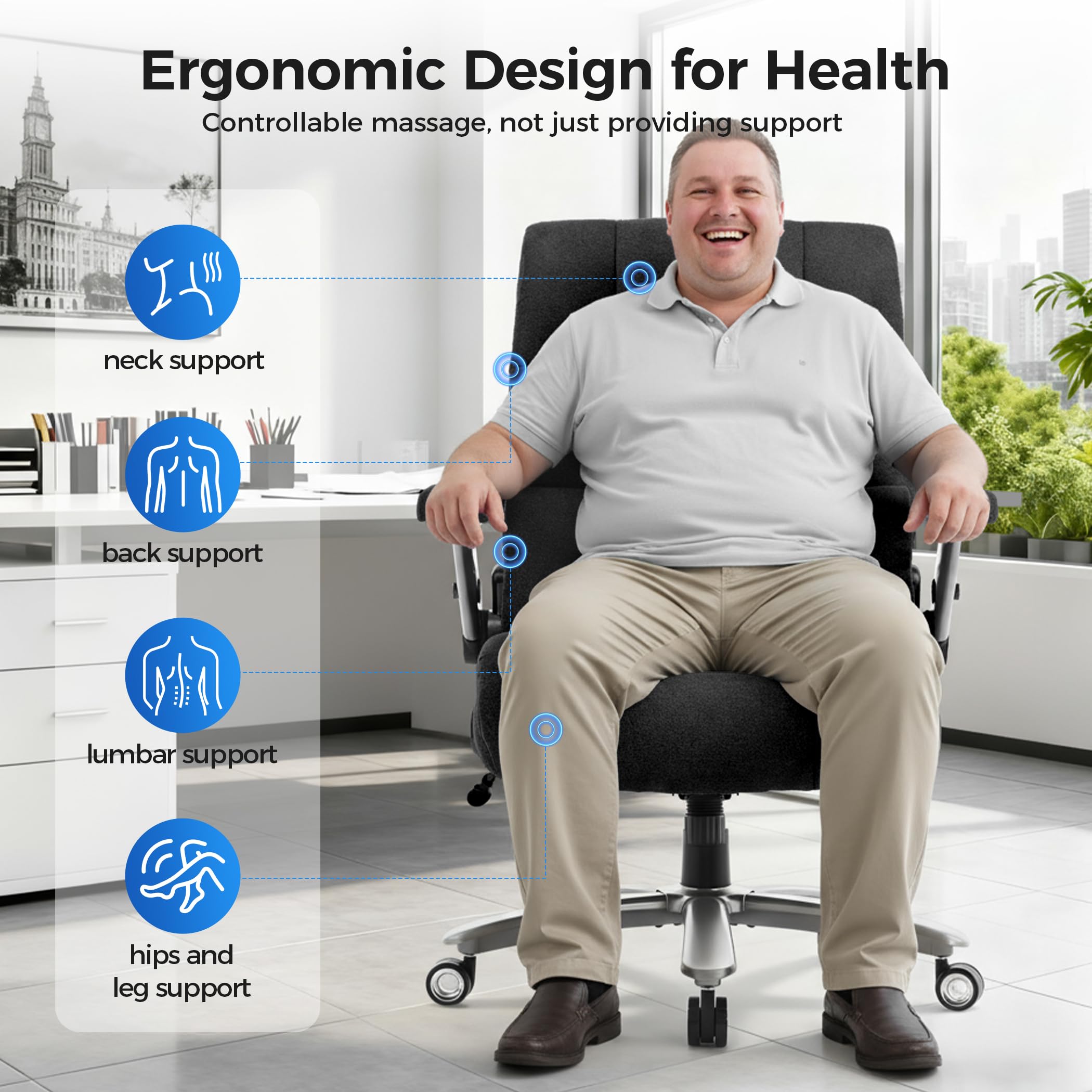Chairker Big and Tall Office Chair with Massage Heat for Heavy Duty People, 400LBS, Bk-fabric