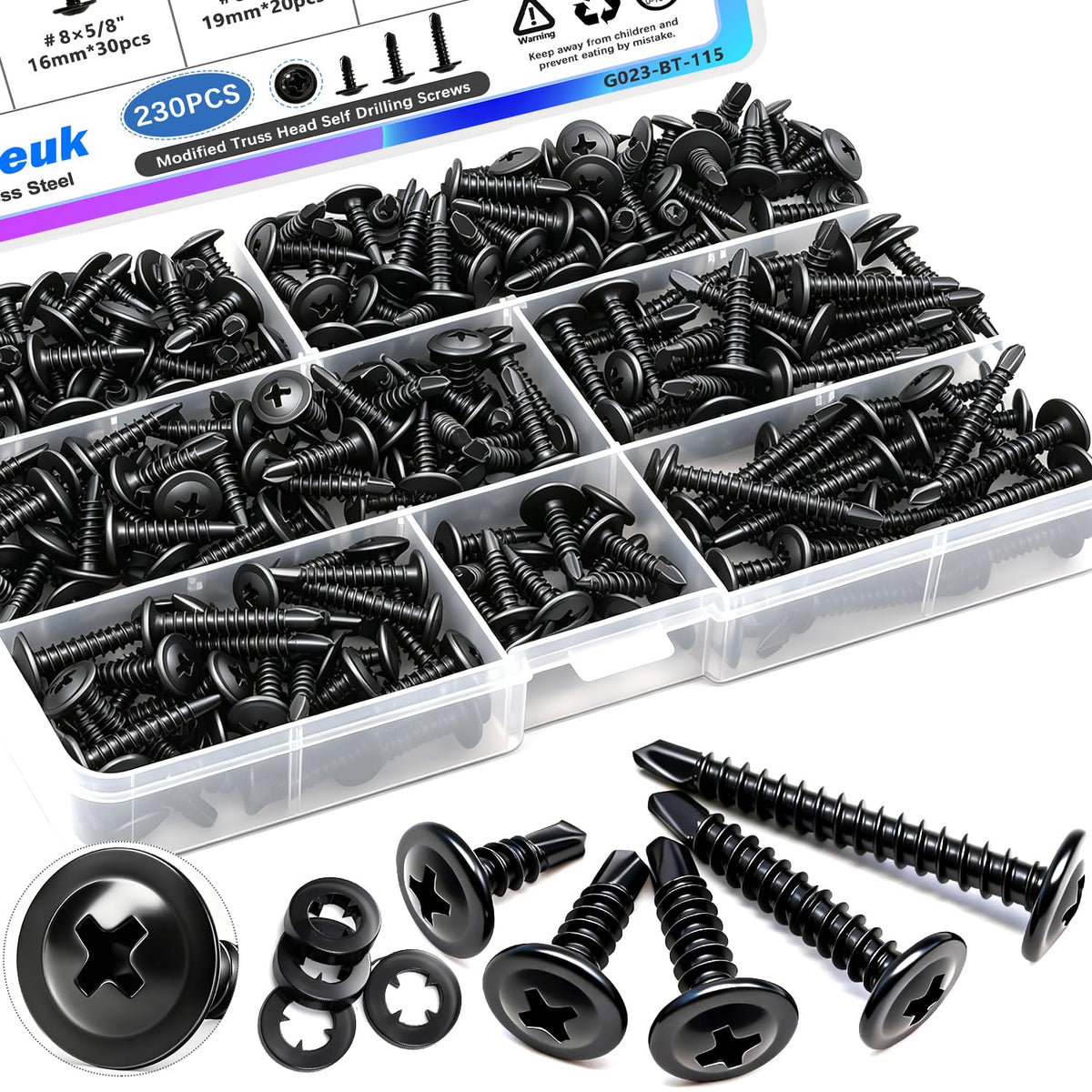 mxuteuk 230PCS #8 Self Tapping Screws for Metal,410 Stainless Steel Self Drilling Screws,1/2",5/8",3/4",1",1-1/4" Truss Head Sheet Metal Screws with Rubber Washers for Metal,Plastic,Wood(115pcs Sets)
