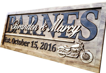 Personalized Motorcycle Wedding Gift Wood Family Last Name Sign