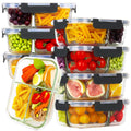 HOMBERKING 8 Pack Glass Meal Prep Containers 3 Compartment, 36oz Glass Food Storage Containers with Lids, Airtight Lunch Bento Boxes, BPA-Free & Leak Proof (8 lids & 8 Container) - Black
