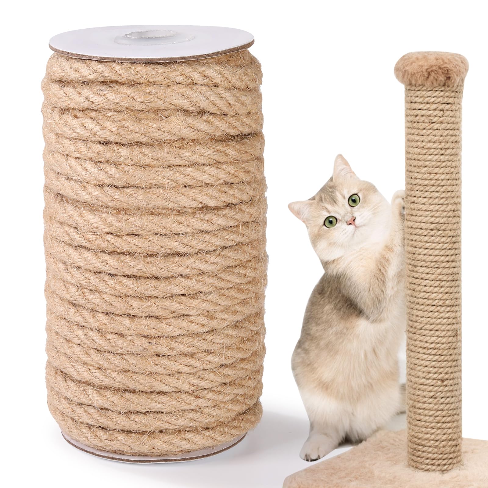 Natural Sisal Rope, Jute Twine for Cat Scratcher Post, 5/16” x 60 Ft (8mm x 18m) Heavy Duty Thick Sisal Hemp Rope for Cats Scratching Post Replacement, DIY Crafts Gardening Home Decorating