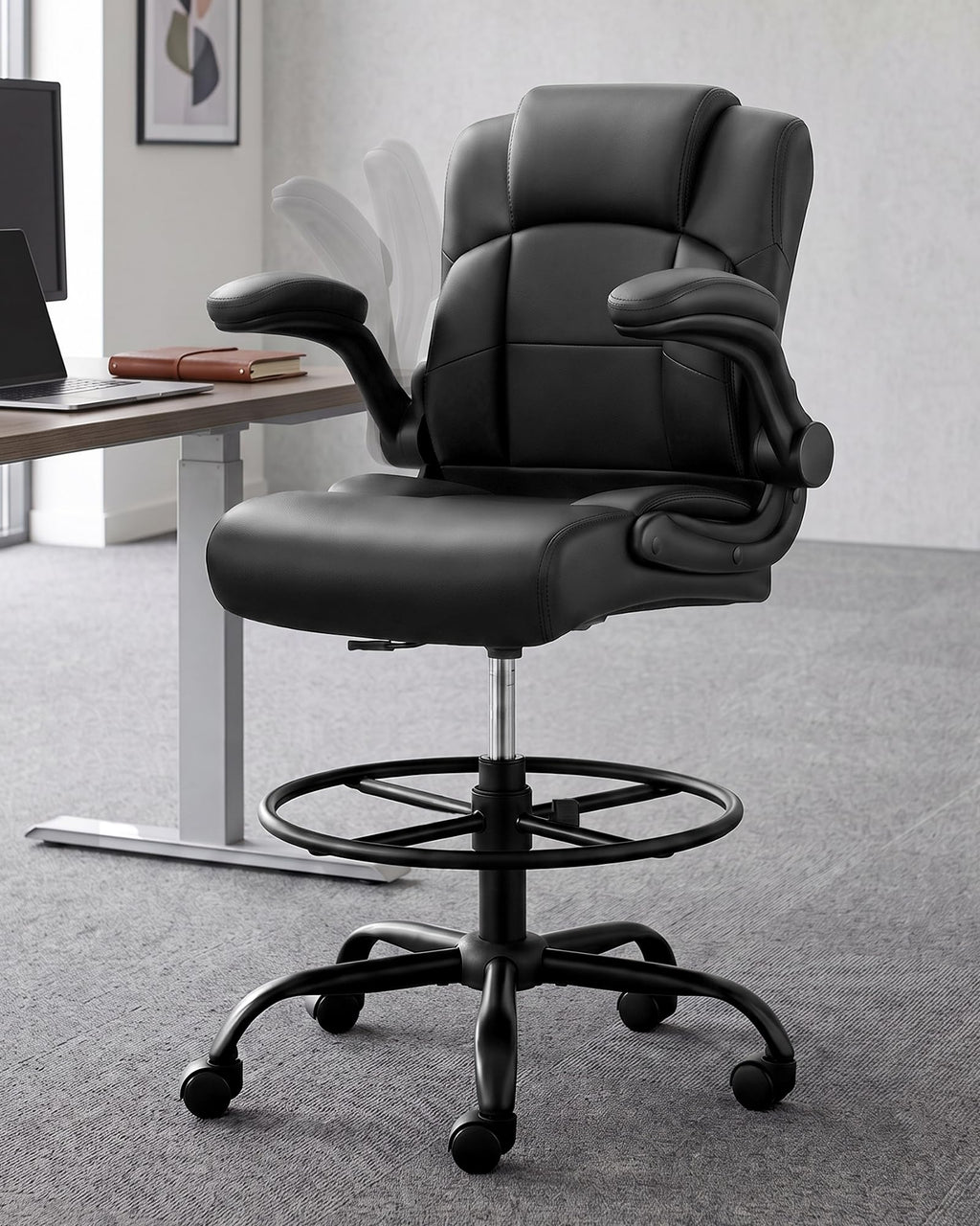 Drafting Chair with Flip-up Arms, Tall Office Chair for Standing Desk, Black