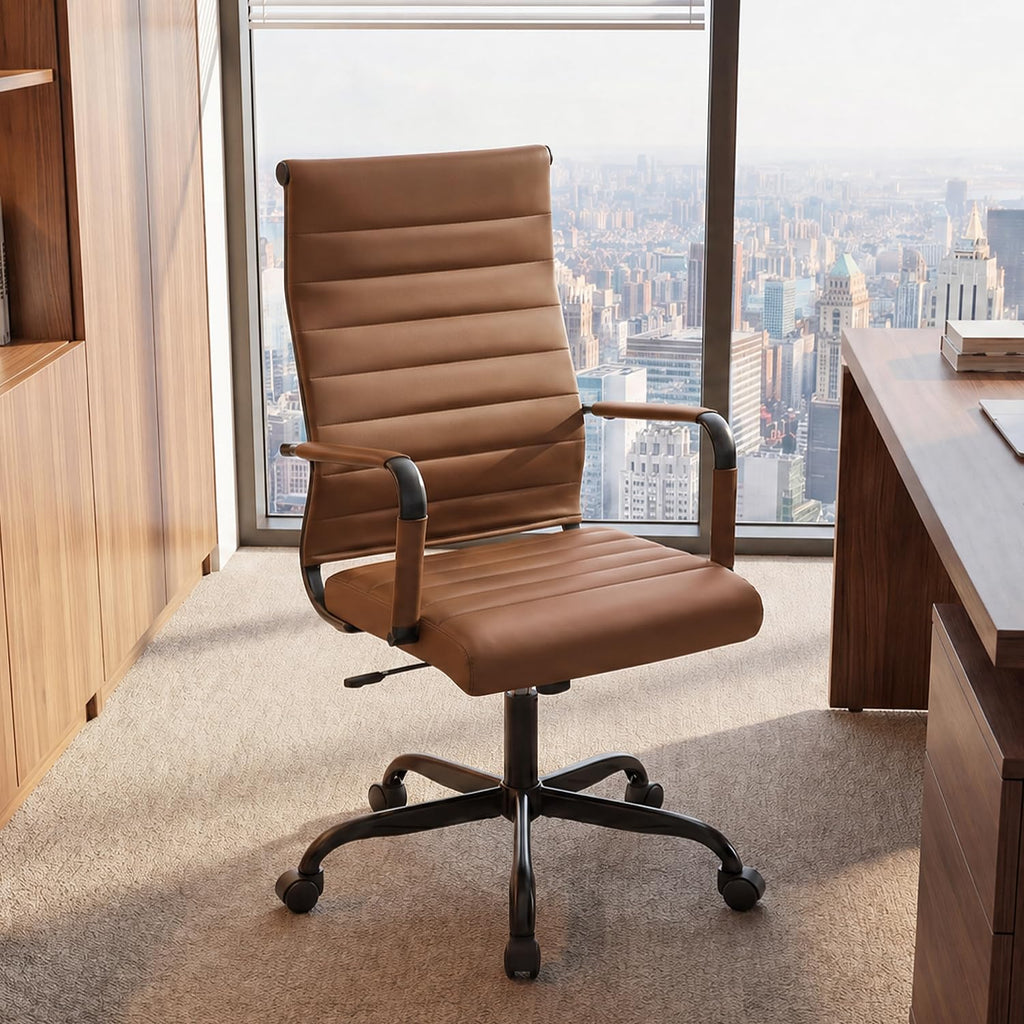 Seanail Leather Office Desk Chair, Conference Room Chairs with Wheels, Modern Executive Computer Guest Chairs with Arms, Brown&black
