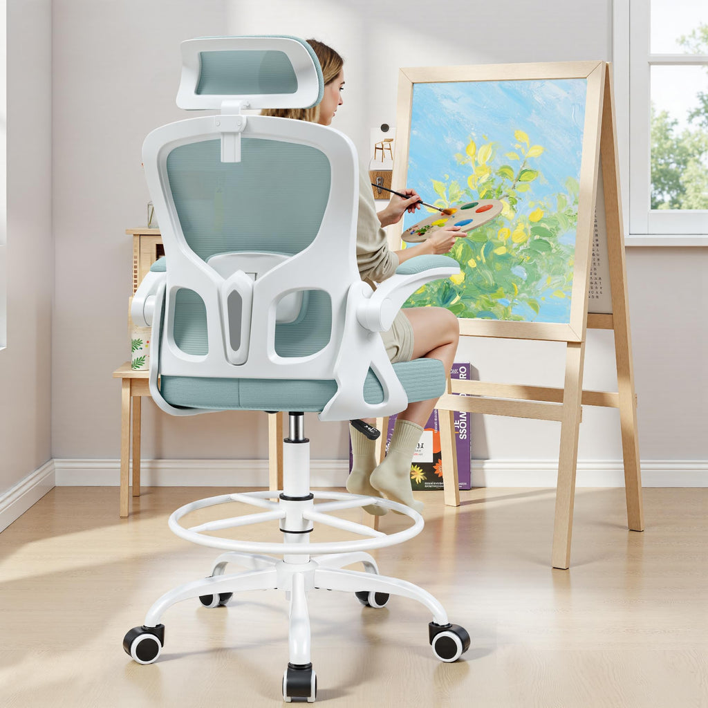 Finati Drafting Chair, Tall Office Chair for Standing Desk, Ergonomic High Back with Headrest, Lumbar Support, Foot Ring and Flip-up Armrests,
