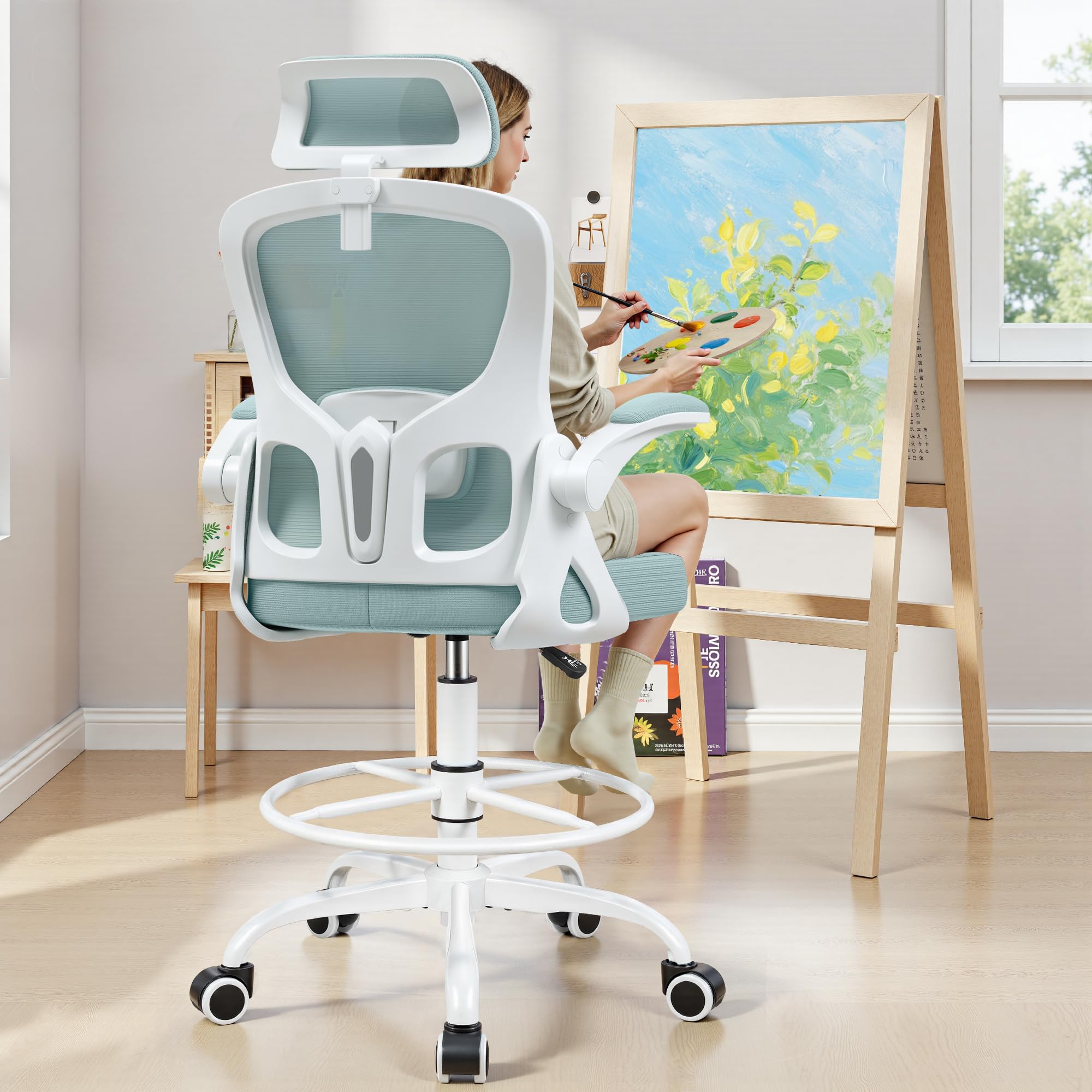 Finati Drafting Chair, Tall Office Chair for Standing Desk, Ergonomic High Back with Headrest, Lumbar Support, Foot Ring and Flip-up Armrests,