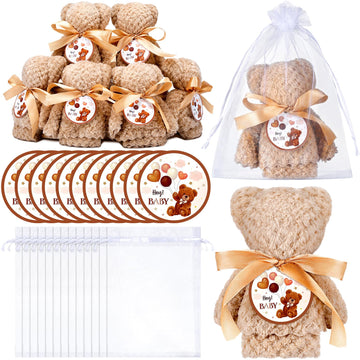 Mindsoft 24 Sets Baby Shower Favor Set with Coral Fleece Bear Towel Organza Bags and Cards Soft Hand Bath Towel for Gift Baby Shower Christening Baptism Party Favor