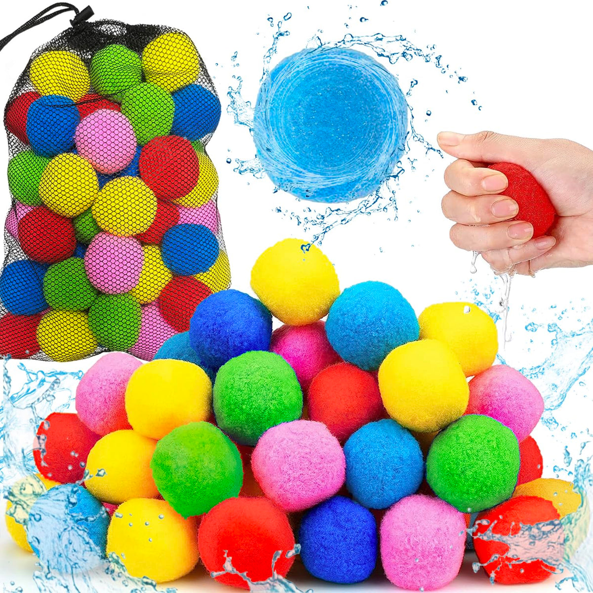 60pcs Reusable Water Balloons Quick Fill Sponge Balls Easter Beach Pool Toys for Kids Ages 3-5-7 4-8-12 Year old Boys Teens Adults, Outdoor Summer Yard Water Fight Party Games to Play w/Friends Family