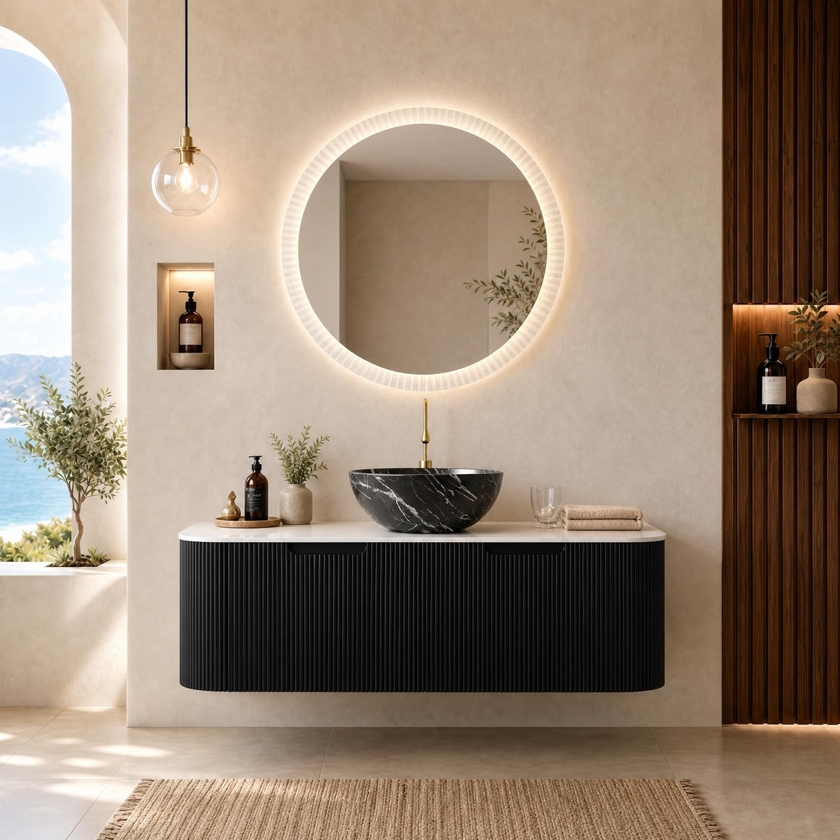 48” Floating Bathroom Vanity with Sink, Fluted Wall-Mounted Solid Wood Cabinet, Black Marble-Patterned Bowl Basin, Faux Marble Top, Soft-Close Drawer, Pre-Assembled, Gloss Black