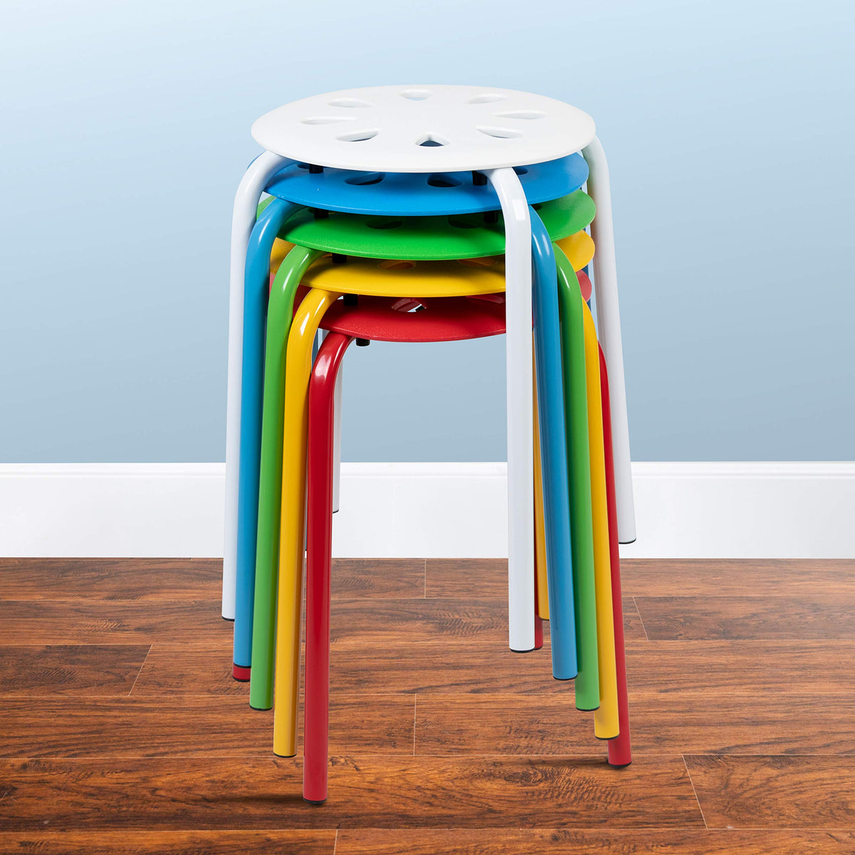 Emma + Oliver Plastic Nesting Stack Stools-school/home, 16.5"W x 16.5"D x 17.5"H, Assorted