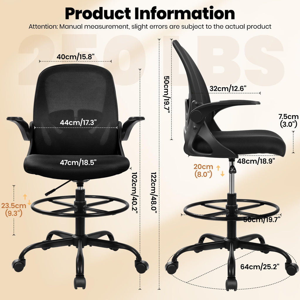 Primy Drafting Chair Tall Office Chair with Flip-up Armrests Executive Ergonomic Computer Standing Desk Chair with Lumbar Support and