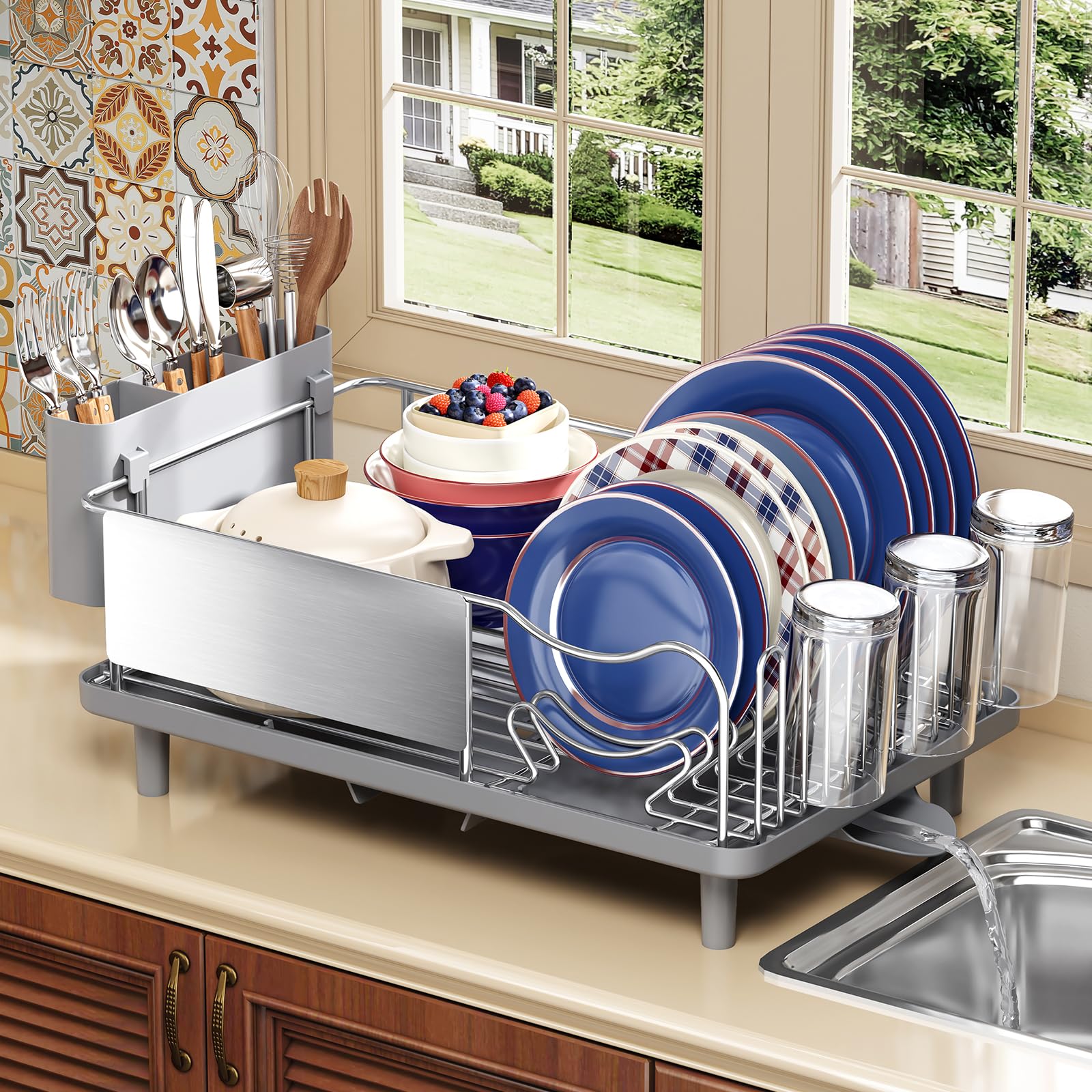 Stainless Steel Dish Drying Rack - Large Capacity Dish Rack for Kitchen Counter with Drain Board, Rustproof Dish Drainer with Auto Drain Spout Utensil Holder Glass Holder, Dinnerware Organizer, Gray