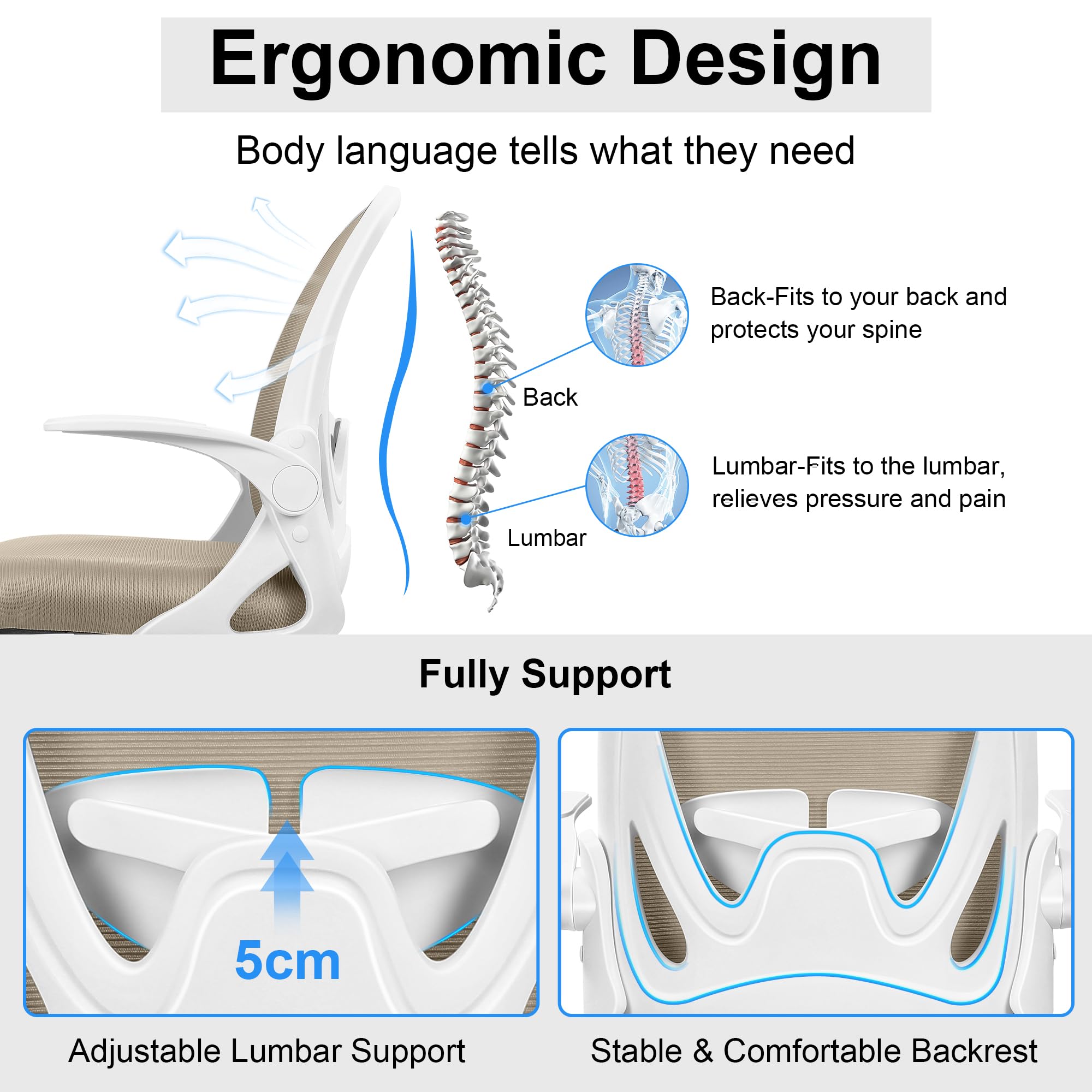 Primy Office Chair Ergonomic Desk Chair with Flip Up Armrests Swivel Breathable Desk Mesh Computer Chair with Adjustable Lumbar Support and