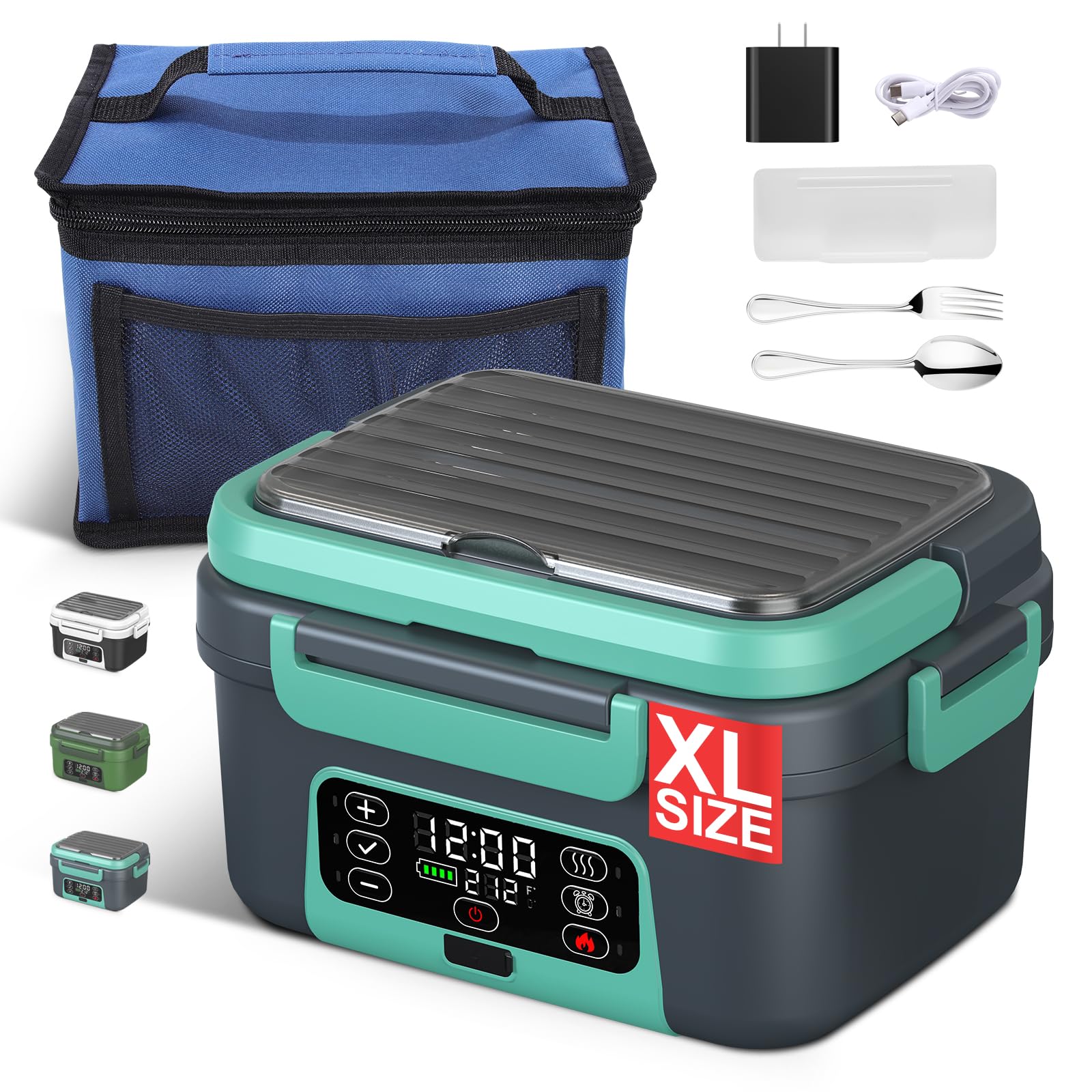 Cordless Electric Heated Lunch Box, 1.5L - 6.3 Cups 100W Rechargeable Smart Self-Heating Food Warmer with Removable Divider, Spoon, Fork, BPA Free, Portable Lunchbox for Car Travel Office Lake Green